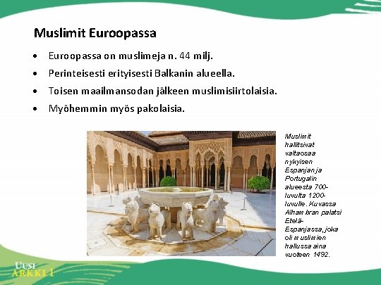 Muslimit Euroopassa • Euroopassa on muslimeja n. 44 milj. • Perinteisesti erityisesti Balkanin alueella.