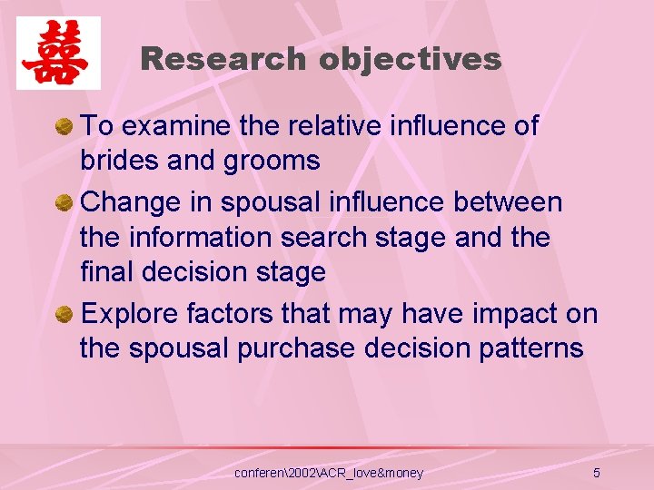 Research objectives To examine the relative influence of brides and grooms Change in spousal