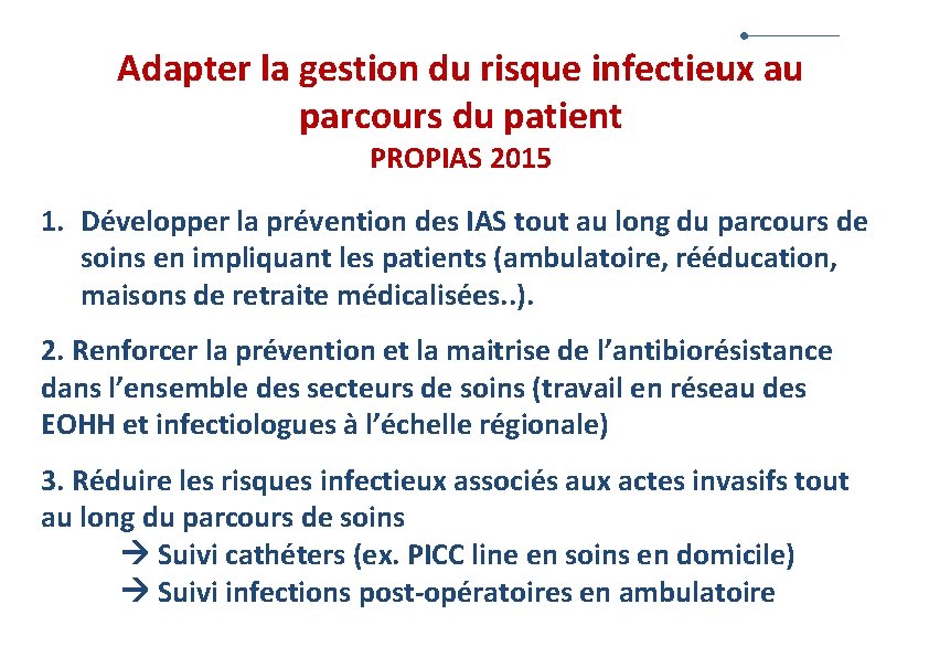 Adapter la gestion du risque infectieux au parcours du patient PROPIAS 2015 1. Développer