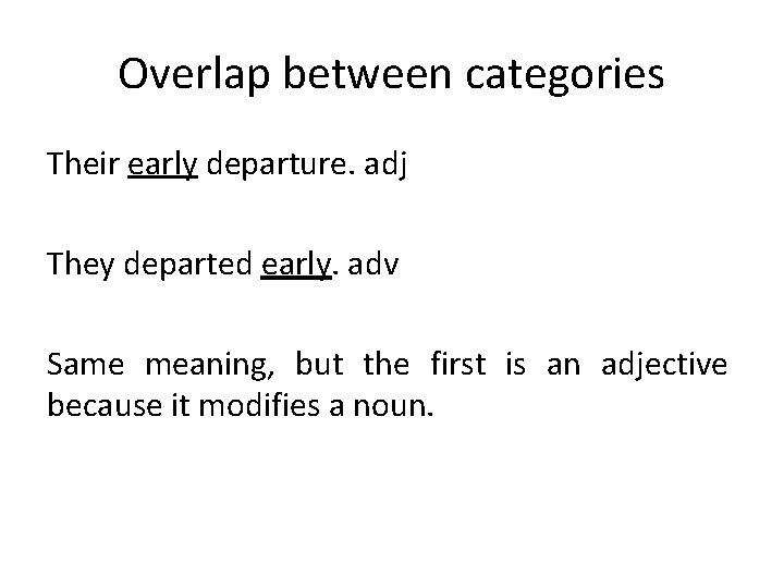 Overlap between categories Their early departure. adj They departed early. adv Same meaning, but