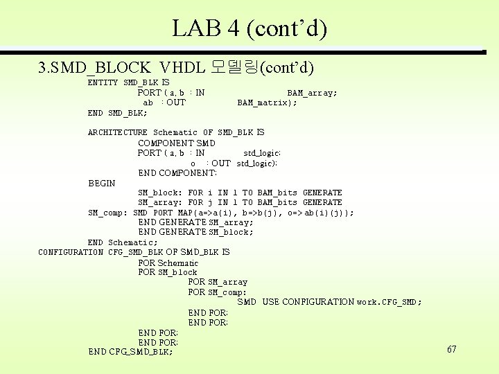 LAB 4 (cont’d) 3. SMD_BLOCK VHDL 모델링(cont’d) ENTITY SMD_BLK IS PORT ( a, b