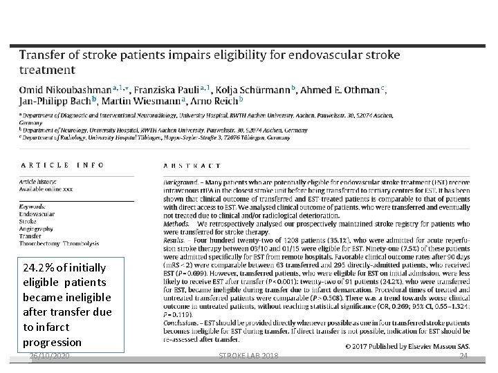 24. 2% of initially eligible patients became ineligible after transfer due to infarct progression