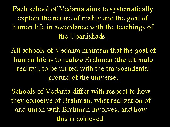 Each school of Vedanta aims to systematically explain the nature of reality and the