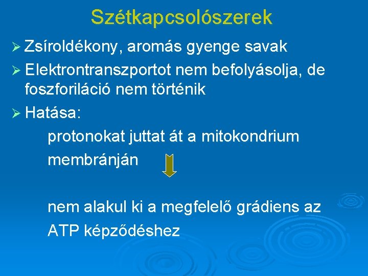 Szétkapcsolószerek Ø Zsíroldékony, aromás gyenge savak Ø Elektrontranszportot nem befolyásolja, de foszforiláció nem történik