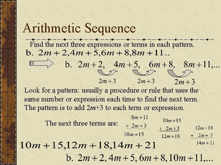 Arithmetic Sequence Find the next three expressions or terms in each pattern. Look for