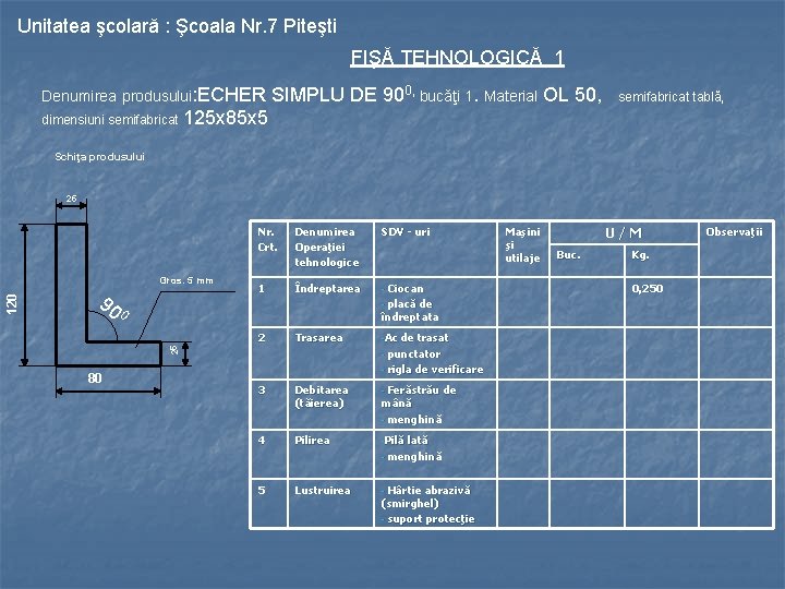 Unitatea şcolară : Şcoala Nr. 7 Piteşti FIŞĂ TEHNOLOGICĂ 1 Denumirea produsului: ECHER dimensiuni