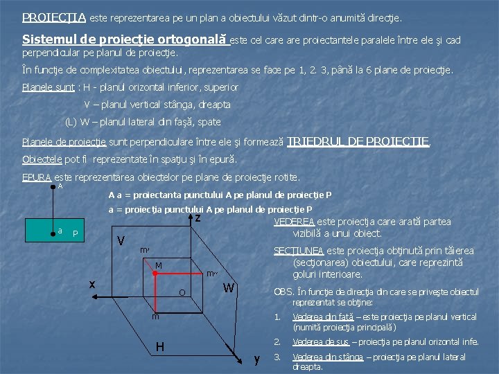 PROIECŢIA este reprezentarea pe un plan a obiectului văzut dintr-o anumită direcţie. Sistemul de