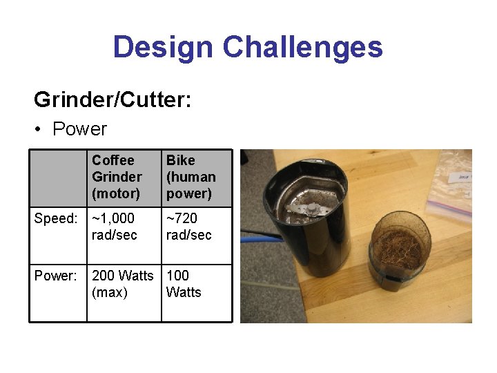 Design Challenges Grinder/Cutter: • Power Coffee Grinder (motor) Bike (human power) Speed: ~1, 000