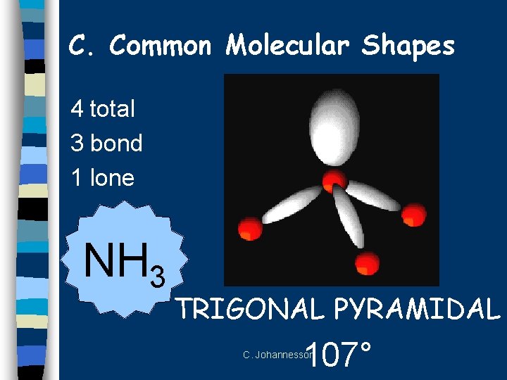 C. Common Molecular Shapes 4 total 3 bond 1 lone NH 3 TRIGONAL PYRAMIDAL