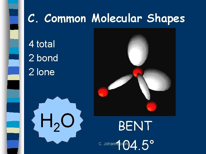 C. Common Molecular Shapes 4 total 2 bond 2 lone H 2 O BENT