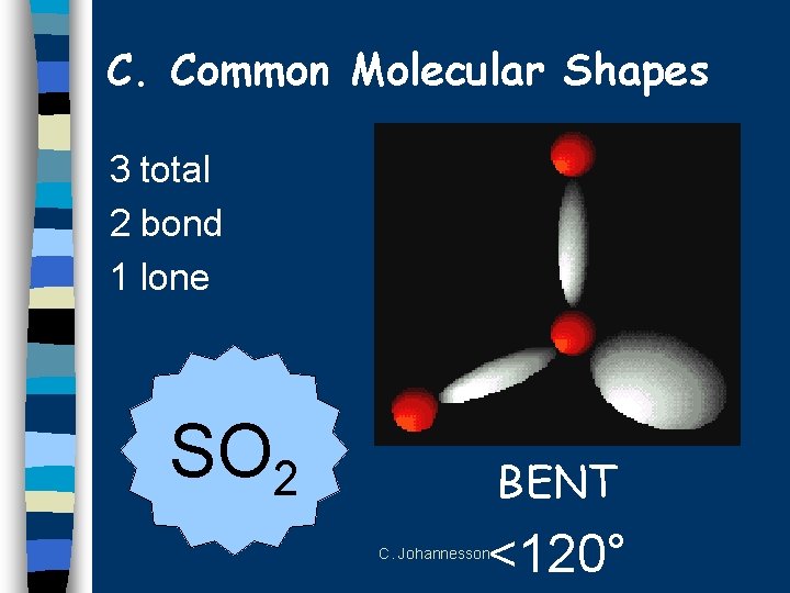 C. Common Molecular Shapes 3 total 2 bond 1 lone SO 2 BENT <120°