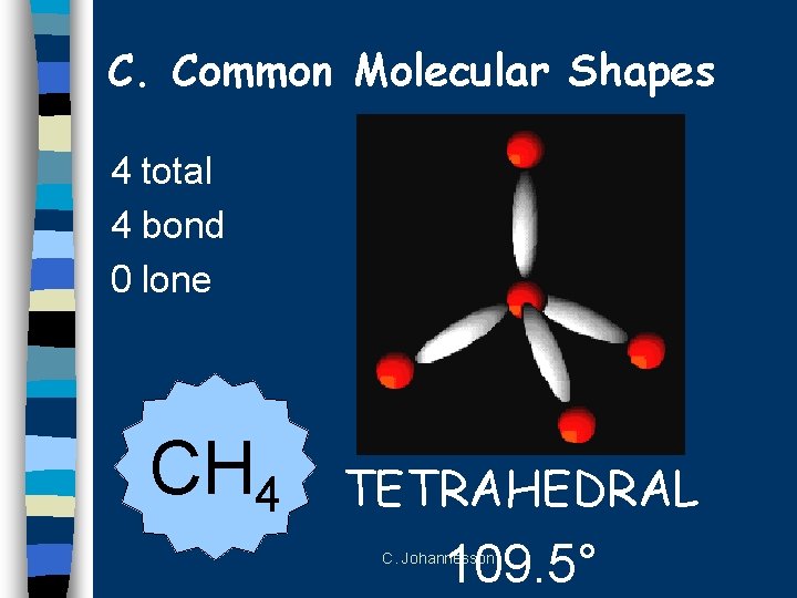 C. Common Molecular Shapes 4 total 4 bond 0 lone CH 4 TETRAHEDRAL 109.