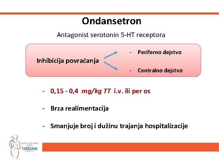 Ondansetron Antagonist serotonin 5 -HT receptora Inhibicija povraćanja - Periferno dejstvo - Centralno dejstvo