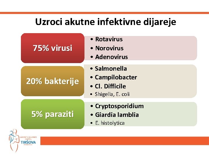 Uzroci akutne infektivne dijareje 75% virusi 20% bakterije • Rotavirus • Norovirus • Adenovirus