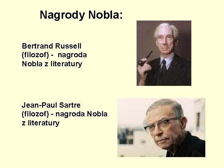 Nagrody Nobla: Bertrand Russell (filozof) - nagroda Nobla z literatury Jean-Paul Sartre (filozof) -