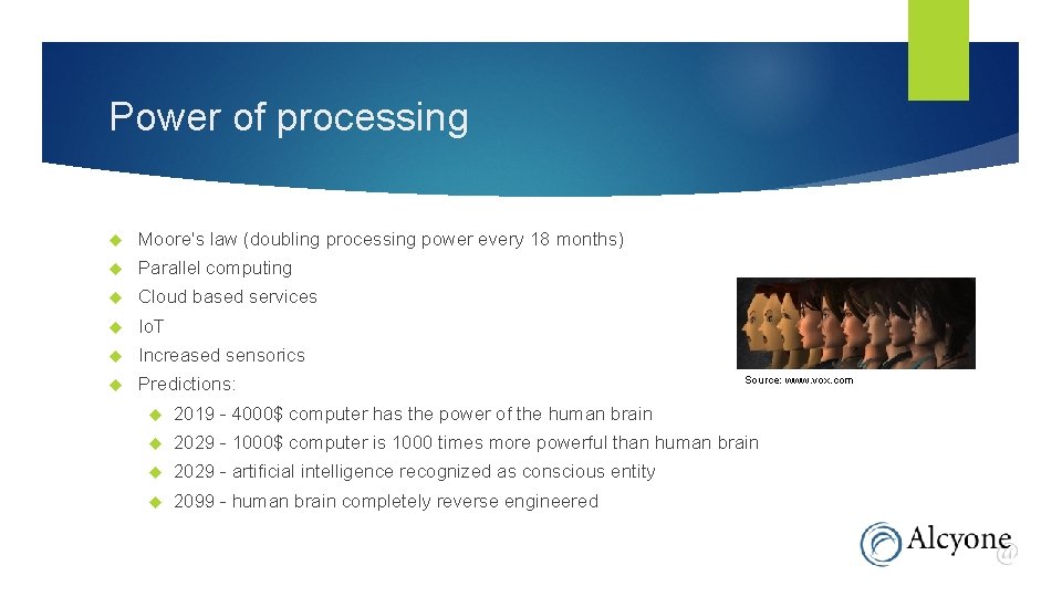 Power of processing Moore's law (doubling processing power every 18 months) Parallel computing Cloud