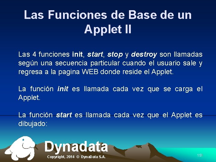 Las Funciones de Base de un Applet II Las 4 funciones init, start, stop