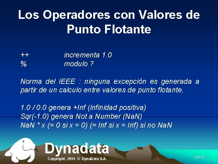 Los Operadores con Valores de Punto Flotante ++ % incrementa 1. 0 modulo ?