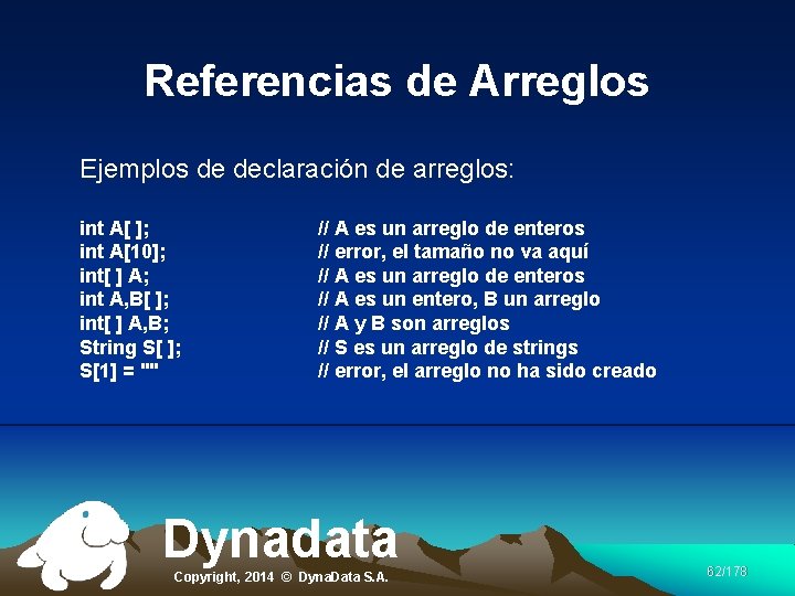 Referencias de Arreglos Ejemplos de declaración de arreglos: int A[ ]; int A[10]; int[