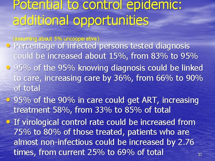 Potential to control epidemic: additional opportunities (assuming about 5% uncooperative) • Percentage of infected
