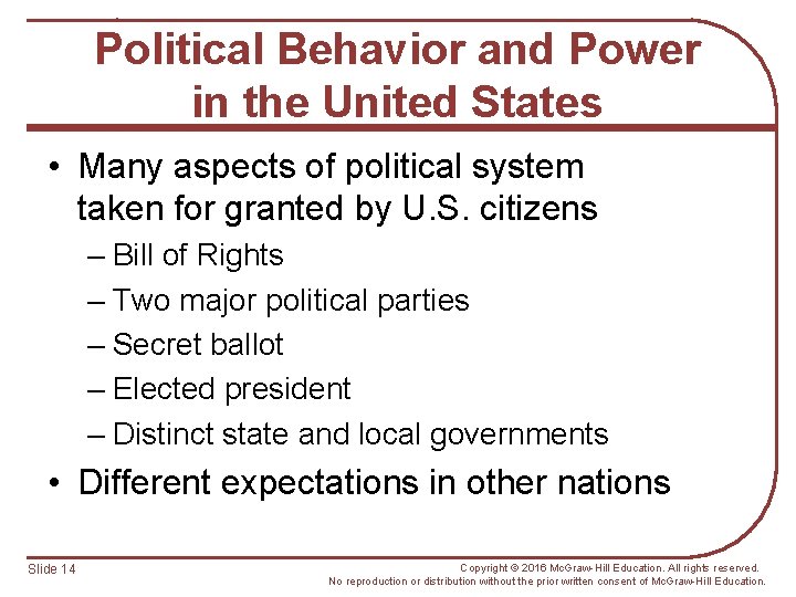 Political Behavior and Power in the United States • Many aspects of political system
