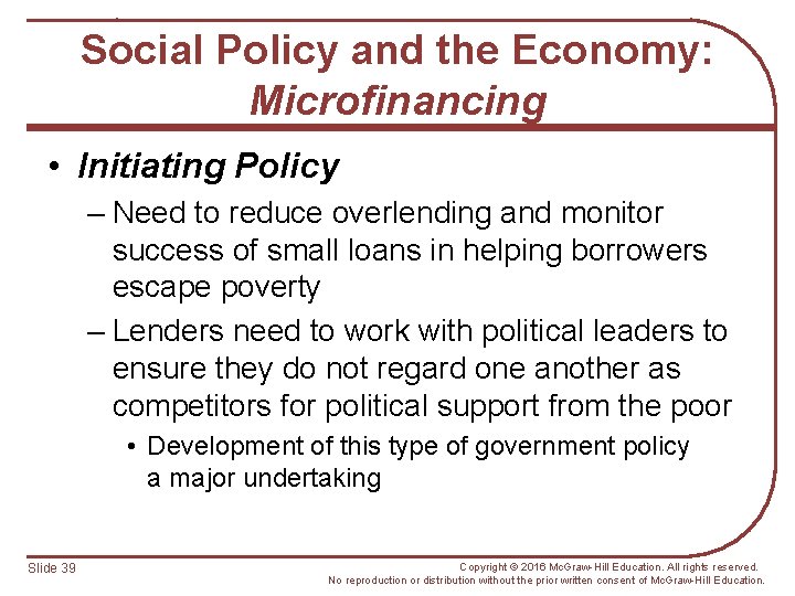Social Policy and the Economy: Microfinancing • Initiating Policy – Need to reduce overlending