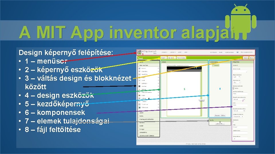 A MIT App inventor alapjai Design képernyő felépítése: • 1 – menüsor • 2