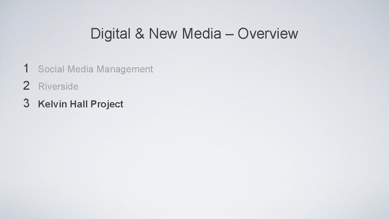 Digital & New Media – Overview 1 2 3 Social Media Management Riverside Kelvin