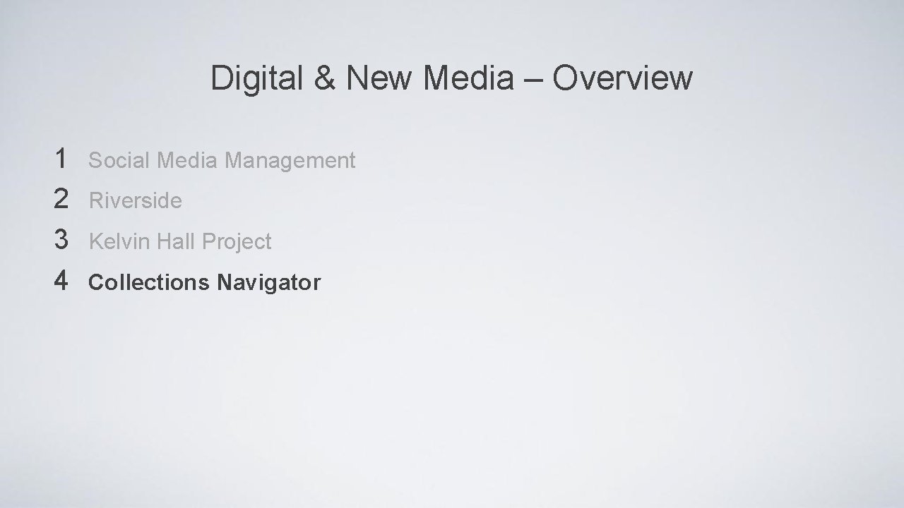 Digital & New Media – Overview 1 2 3 4 Social Media Management Riverside