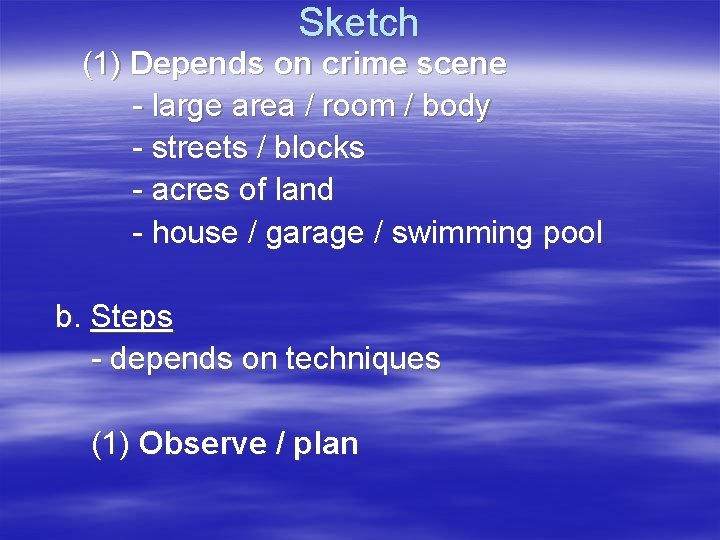 Sketch (1) Depends on crime scene - large area / room / body -