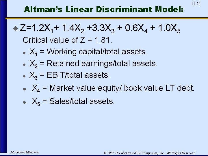 Altman’s Linear Discriminant Model: u Z=1. 2 X 1+ 11 -14 1. 4 X