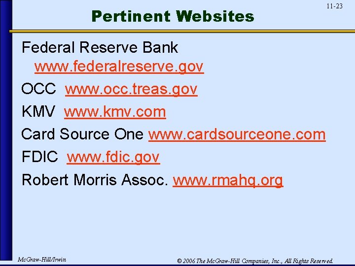 Pertinent Websites 11 -23 Federal Reserve Bank www. federalreserve. gov OCC www. occ. treas.