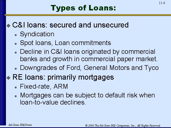 Types of Loans: u C&I l l loans: secured and unsecured Syndication Spot loans,