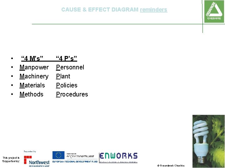 CAUSE & EFFECT DIAGRAM reminders • • • “ 4 M’s” Manpower Machinery Materials CAUSE & EFFECT DIAGRAM reminders • • • “ 4 M’s” Manpower Machinery Materials
