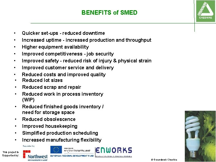 BENEFITS of SMED • • • • Quicker set-ups - reduced downtime Increased uptime