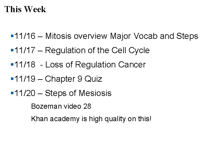 This Week § 11/16 – Mitosis overview Major Vocab and Steps § 11/17 –