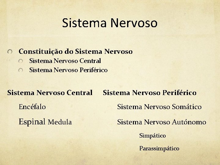 Sistema Nervoso Constituição do Sistema Nervoso Central Sistema Nervoso Periférico Encéfalo Sistema Nervoso Somático