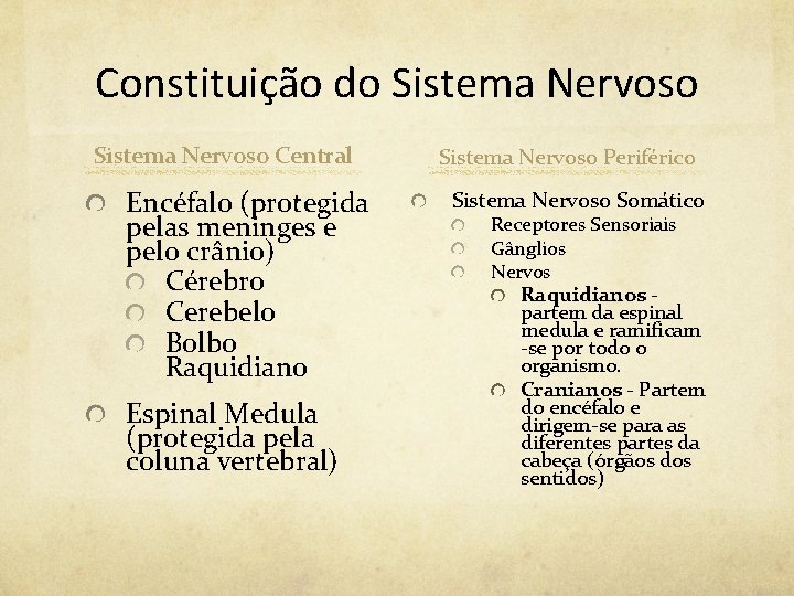 Constituição do Sistema Nervoso Central Encéfalo (protegida pelas meninges e pelo crânio) Cérebro Cerebelo