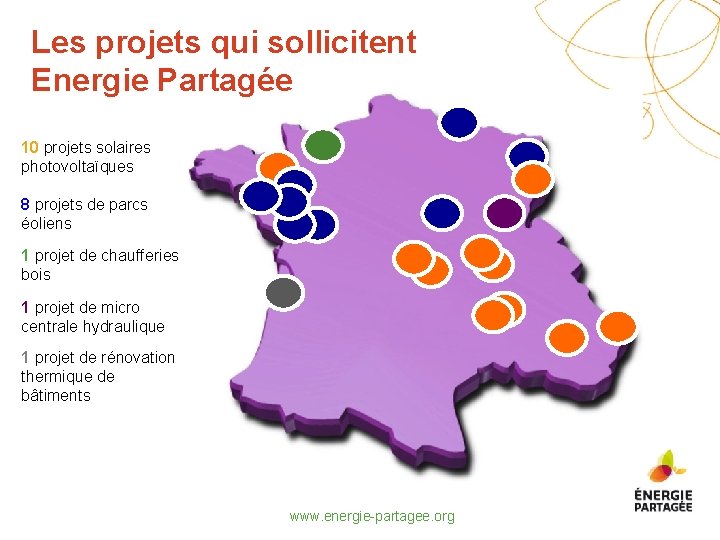 Les projets qui sollicitent Energie Partagée 10 projets solaires photovoltaïques 8 projets de parcs