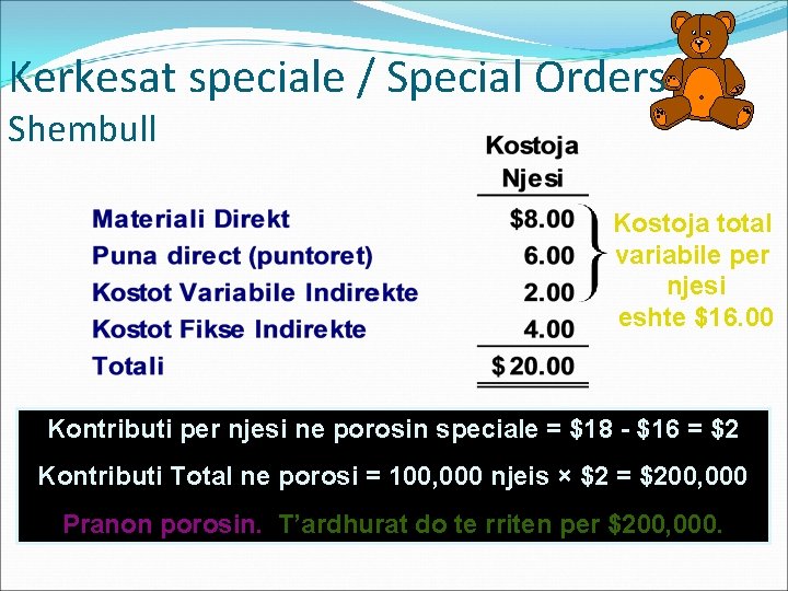 Kerkesat speciale / Special Orders Shembull Kostoja total variabile per njesi eshte $16. 00