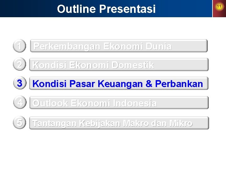 Outline Presentasi 1 Perkembangan Ekonomi Dunia 2 Kondisi Ekonomi Domestik 3 Kondisi Pasar Keuangan