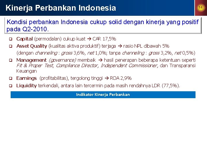 Kinerja Perbankan Indonesia Kondisi perbankan Indonesia cukup solid dengan kinerja yang positif pada Q