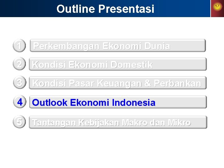 Outline Presentasi 1 Perkembangan Ekonomi Dunia 2 Kondisi Ekonomi Domestik 3 Kondisi Pasar Keuangan