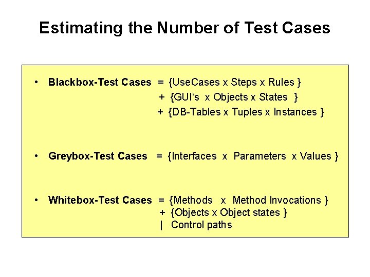 Estimating the Number of Test Cases • Blackbox-Test Cases = {Use. Cases x Steps