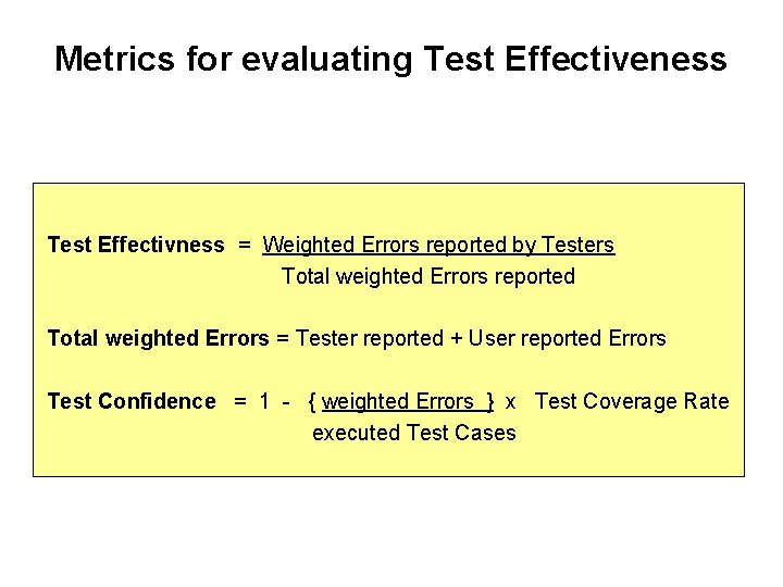 Metrics for evaluating Test Effectiveness Test Effectivness = Weighted Errors reported by Testers Total
