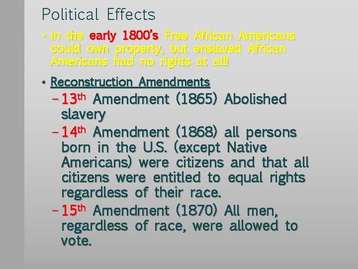 Political Effects • In the early 1800’s Free African Americans could own property, but