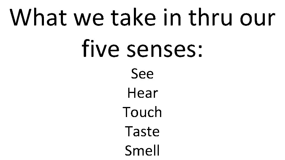 What we take in thru our five senses: See Hear Touch Taste Smell 