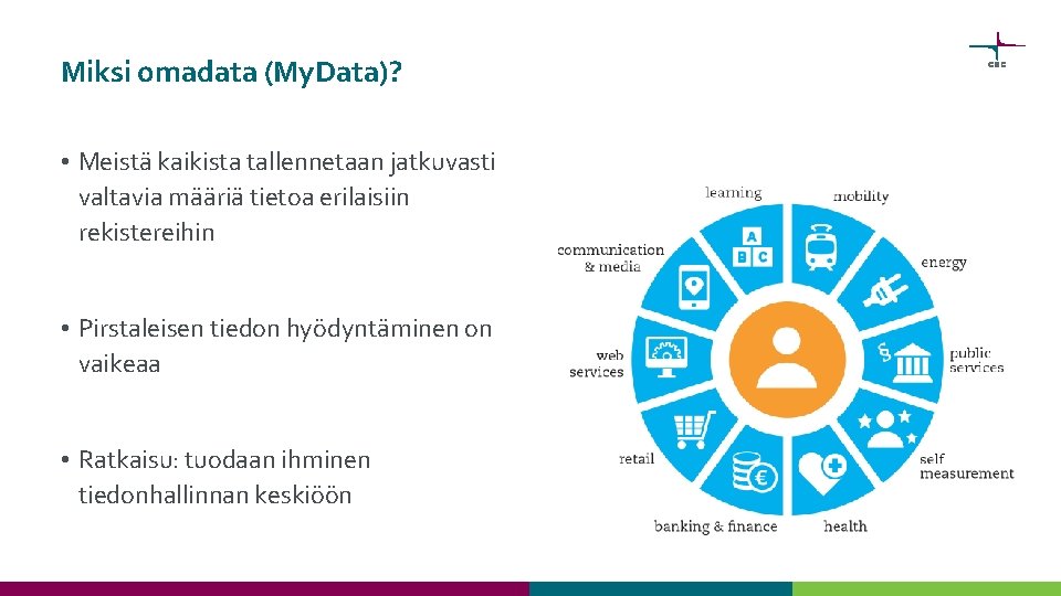 Miksi omadata (My. Data)? • Meistä kaikista tallennetaan jatkuvasti valtavia määriä tietoa erilaisiin rekistereihin