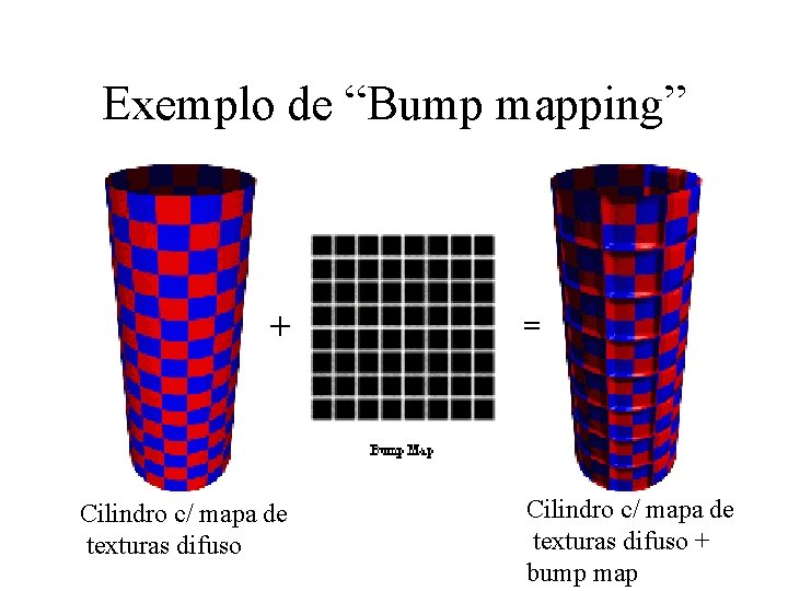 Exemplo de “Bump mapping” Cilindro c/ mapa de texturas difuso + bump map 