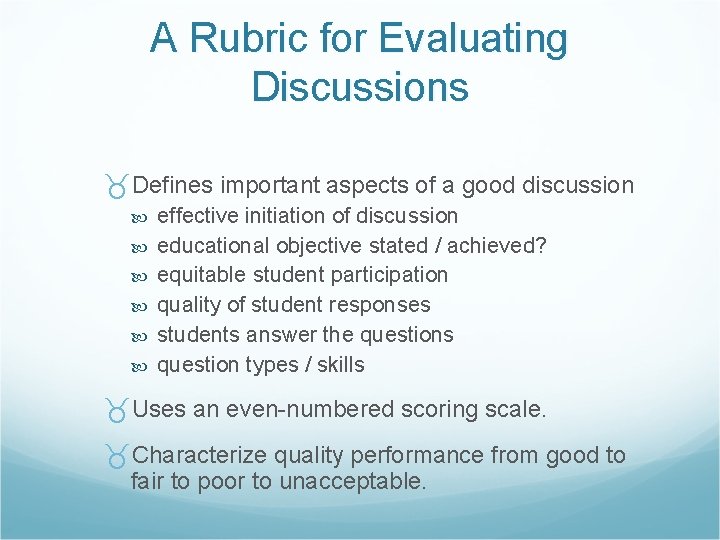 A Rubric for Evaluating Discussions Defines important aspects of a good discussion effective initiation